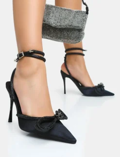 Public Desire Midnight Satin Wrap Around Diamante Bow Pointed Toe High Heels | Women Court Heels