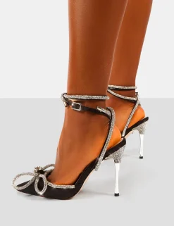 Public Desire Midnight Wrap Around Diamante Bow Pointed Toe High Heel | Women Court Heels