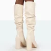 Public Desire Mine Croc Pointed Toe Block Heeled Knee High Boots | Women Knee High Boots