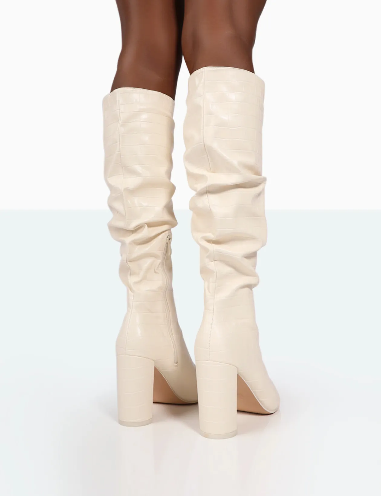Public Desire Mine Croc Pointed Toe Block Heeled Knee High Boots | Women Knee High Boots