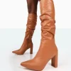 Public Desire Mine Pu Pointed Toe Block Heeled Knee High Boots | Women Knee High Boots