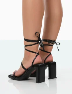Public Desire Misha Square Toe Strappy Lace Up Thin Block Heels | Women Lace Up Heels