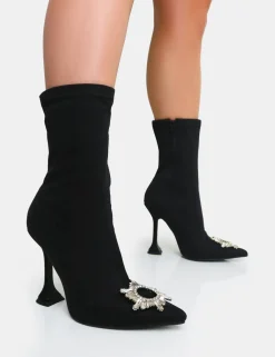 Public Desire Modena Nylon Diamantie Broach Cake Stand Heel Sock Ankle Boot | Women Sock Fit Boots