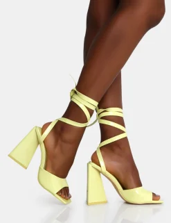 Public Desire Mojito Patent Lace Up Pyramid Block Heels | Women Square Toe Heels
