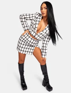 Public Desire Monochrome Textured Check Cropped Blazer Ivory | Women Outerwear & Jackets