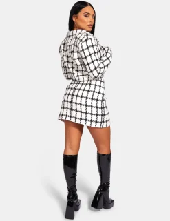 Public Desire Monochrome Textured Check Cropped Blazer Ivory | Women Outerwear & Jackets
