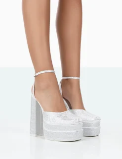 Public Desire Moonchild Diamante Satin Closed Toe Statement Platform Block Heels | Women Block Heels