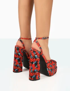 Public Desire Moonchild Floral Satin Closed Toe Statement Platform Block Heels | Women Platform Heels