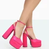 Public Desire Moonchild Fuchsia Satin Closed Toe Statement Platform Block Heels | Women Platform Heels