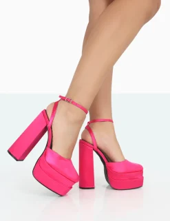 Public Desire Moonchild Fuchsia Satin Closed Toe Statement Platform Block Heels | Women Platform Heels