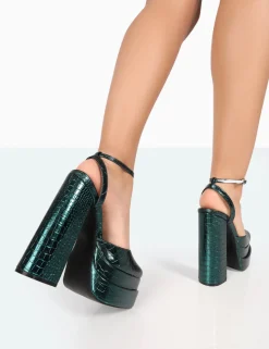 Public Desire Moonchild Metallic Green Croc Closed Toe Statement Platform Block Heels | Women Platform Heels