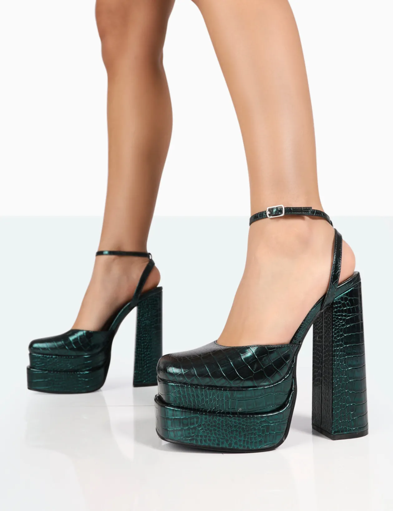 Public Desire Moonchild Metallic Green Croc Closed Toe Statement Platform Block Heels | Women Platform Heels