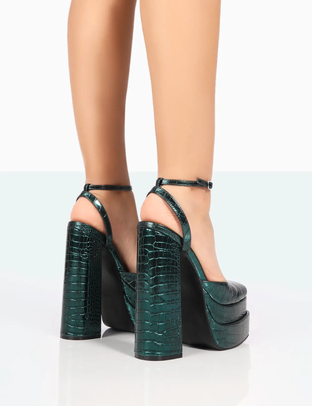Public Desire Moonchild Metallic Green Croc Closed Toe Statement Platform Block Heels | Women Platform Heels