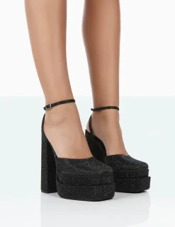 Public Desire Moonchild Sparkly Diamante Satin Closed Toe Statement Platform Block Heels | Women Block Heels