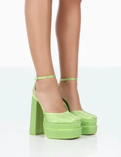 Public Desire Moonchild Sparkly Diamante Satin Closed Toe Statement Platform Block Heels | Women Block Heels
