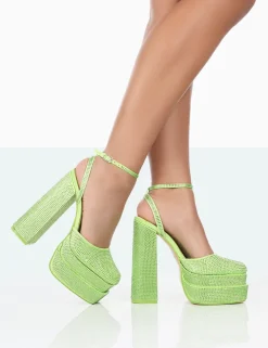 Public Desire Moonchild Sparkly Diamante Satin Closed Toe Statement Platform Block Heels | Women Block Heels
