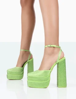 Public Desire Moonchild Sparkly Diamante Satin Closed Toe Statement Platform Block Heels | Women Block Heels