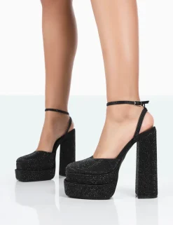 Public Desire Moonchild Sparkly Diamante Satin Closed Toe Statement Platform Block Heels | Women Block Heels