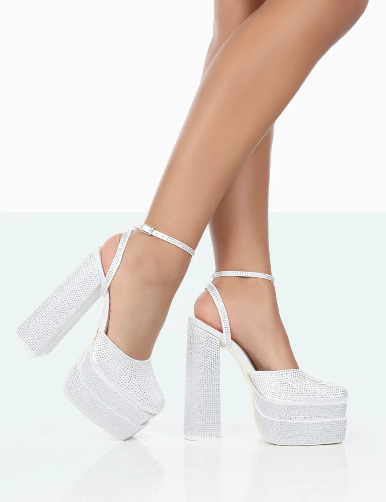 Public Desire Moonchild Wide Fit Diamante Satin Closed Toe Statement Platform Block Heels | Women Wide Fit Heels