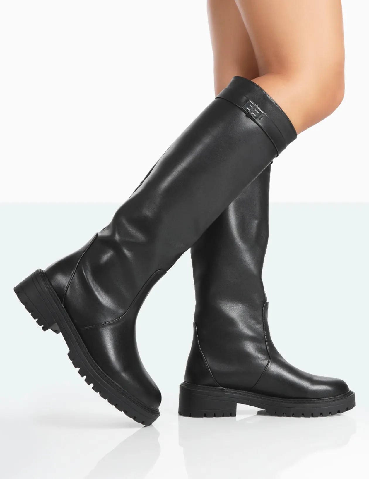 Public Desire More Fun Pu Round Toe Chunky Sole Knee High Boots | Women Chunky Boots