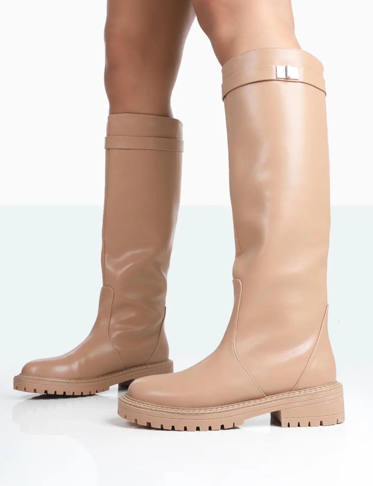 Public Desire More Fun Pu Round Toe Chunky Sole Knee High Boots | Women Chunky Boots