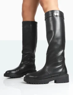 Public Desire More Fun Pu Round Toe Chunky Sole Knee High Boots | Women Chunky Boots