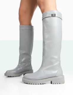 Public Desire More Fun Wide Fit Pu Round Toe Chunky Sole Knee High Boots | Women Chunky Boots