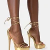 Public Desire Muse Gold Metallic Pu Strappy Lace Up Platform Pointed Toe Stiletto Heels | Women Stilettos