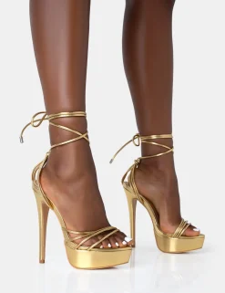 Public Desire Muse Gold Metallic Pu Strappy Lace Up Platform Pointed Toe Stiletto Heels | Women Stilettos