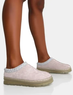 Public Desire Nala Light Faux Suede Embroidered Slipper Platform Boots | Women Ultra Mini Boots
