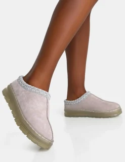 Public Desire Nala Light Faux Suede Embroidered Slipper Platform Boots | Women Ultra Mini Boots