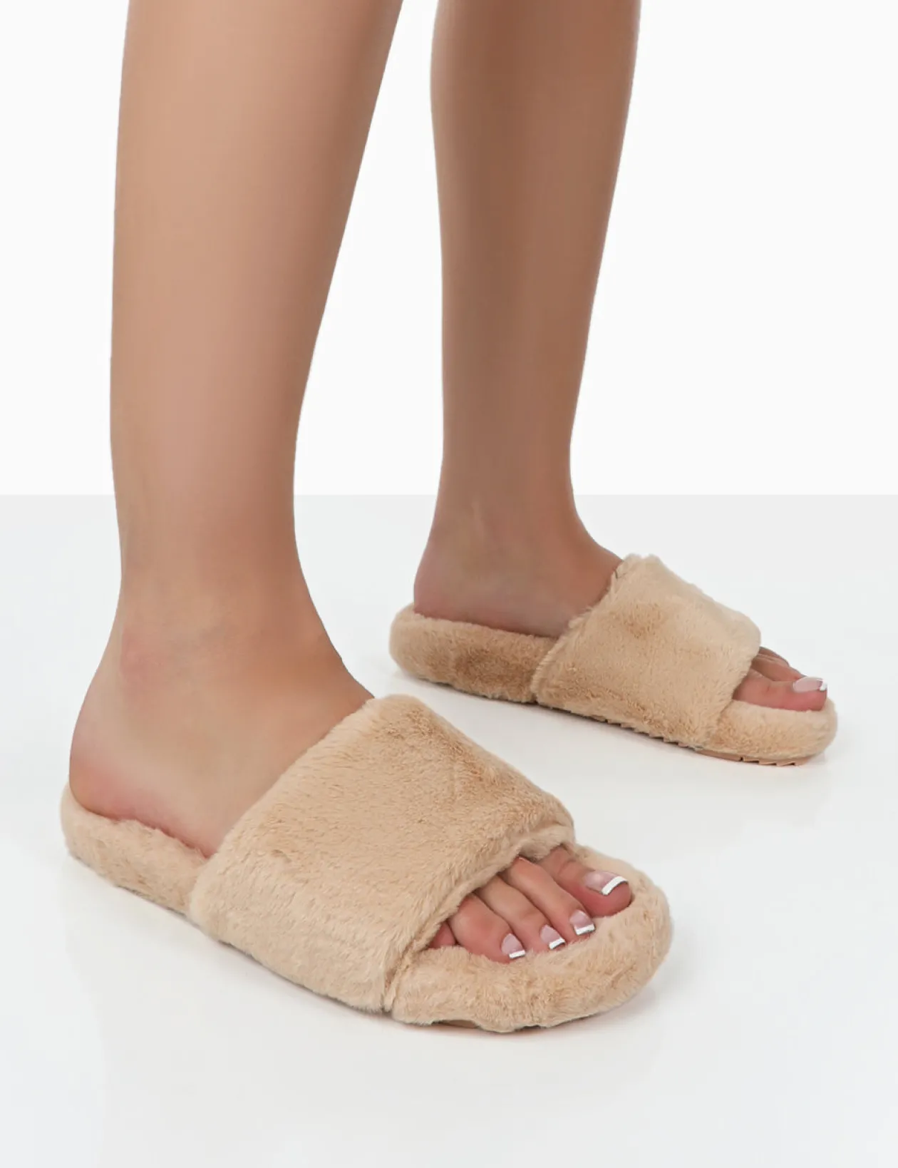 Public Desire Namaste Beige Fluffy Faux Fur Slippers | Women Slippers