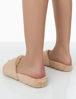 Public Desire Namaste Beige Fluffy Faux Fur Slippers | Women Slippers