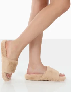 Public Desire Namaste Beige Fluffy Faux Fur Slippers | Women Slippers