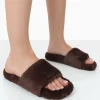 Public Desire Namaste Chocolate Fluffy Faux Fur Slippers | Women Slippers