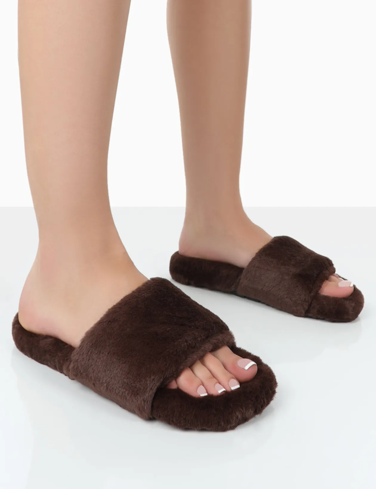 Public Desire Namaste Chocolate Fluffy Faux Fur Slippers | Women Slippers