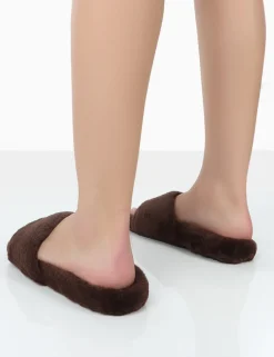 Public Desire Namaste Chocolate Fluffy Faux Fur Slippers | Women Slippers