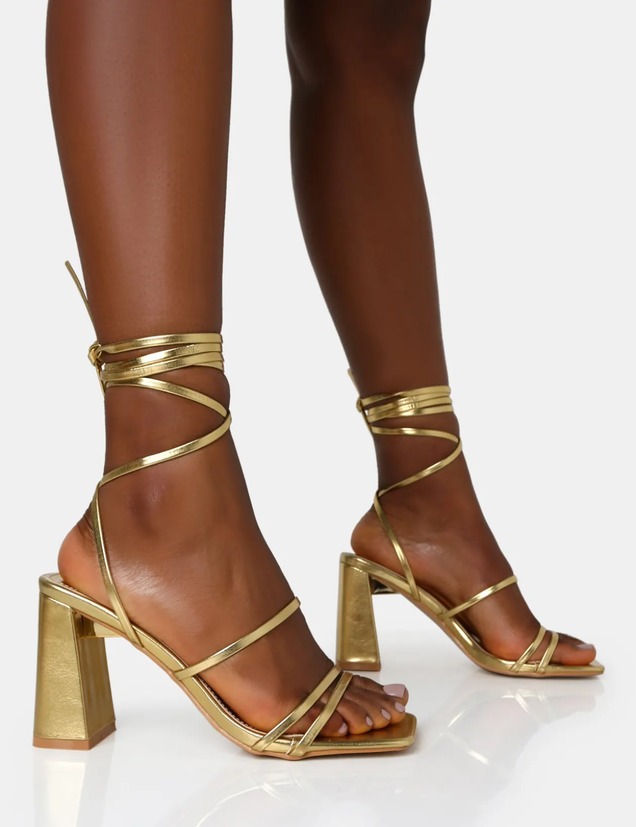 Public Desire Natty Pu Lace Up Square Toe Mid Block Heels | Women Square Toe Heels
