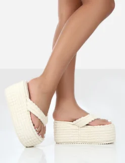 Public Desire Nell Ecru Terry Towelling Platform Wedge Flip Flop Sandals | Women Festival Sandals