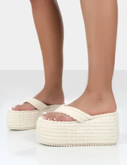 Public Desire Nell Ecru Terry Towelling Platform Wedge Flip Flop Sandals | Women Festival Sandals