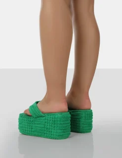Public Desire Nell Green Terry Towelling Platform Wedge Flip Flop Sandals | Women Festival Sandals
