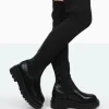 Public Desire New-Me Pu And Knit Over The Knee Chunky Sole Sock Fit Boots | Women Chunky Boots