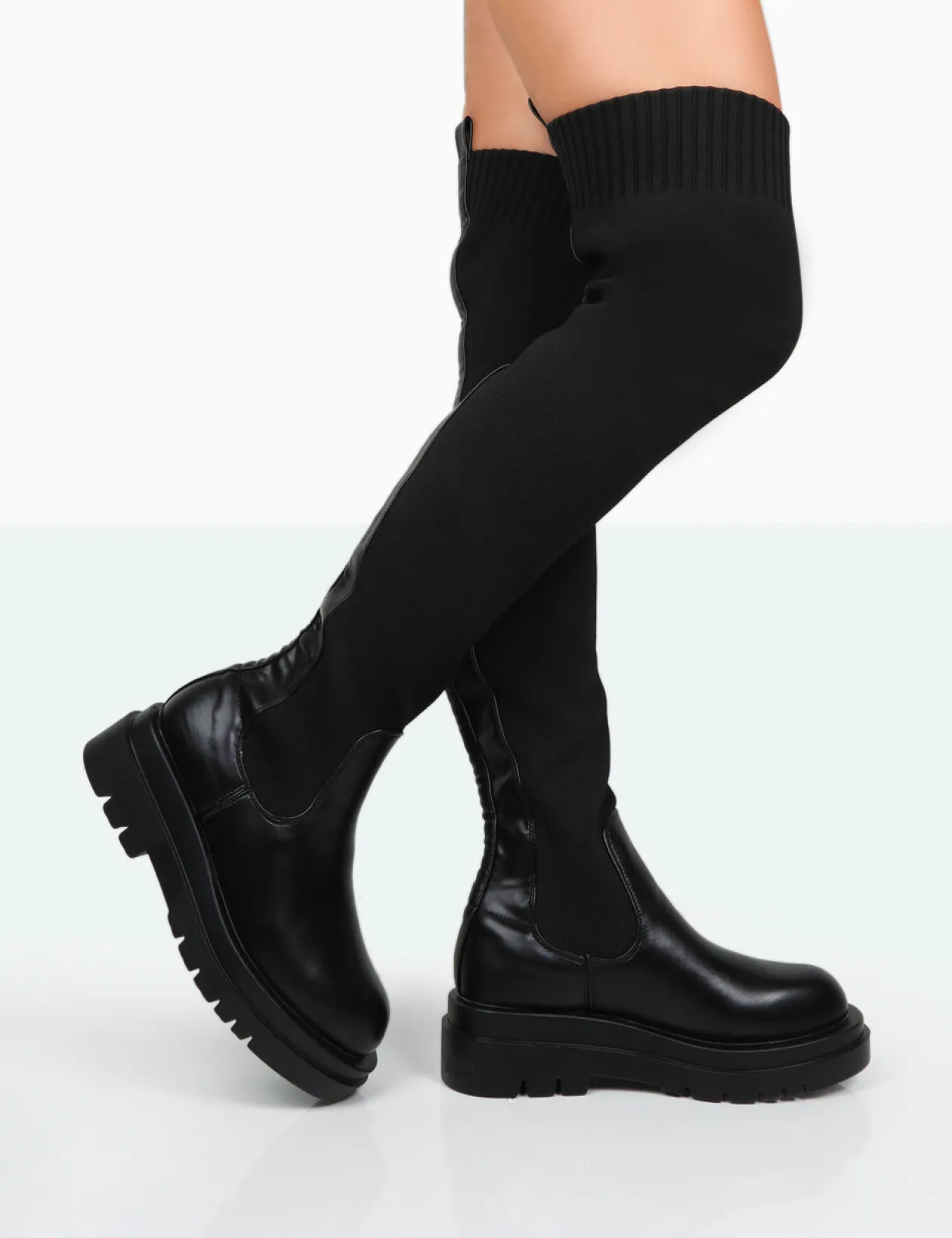 Public Desire New-Me Pu And Knit Over The Knee Chunky Sole Sock Fit Boots | Women Chunky Boots