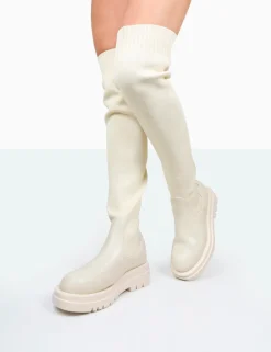 Public Desire New-Me Pu And Knit Over The Knee Chunky Sole Sock Fit Boots | Women Over The Knee Boots