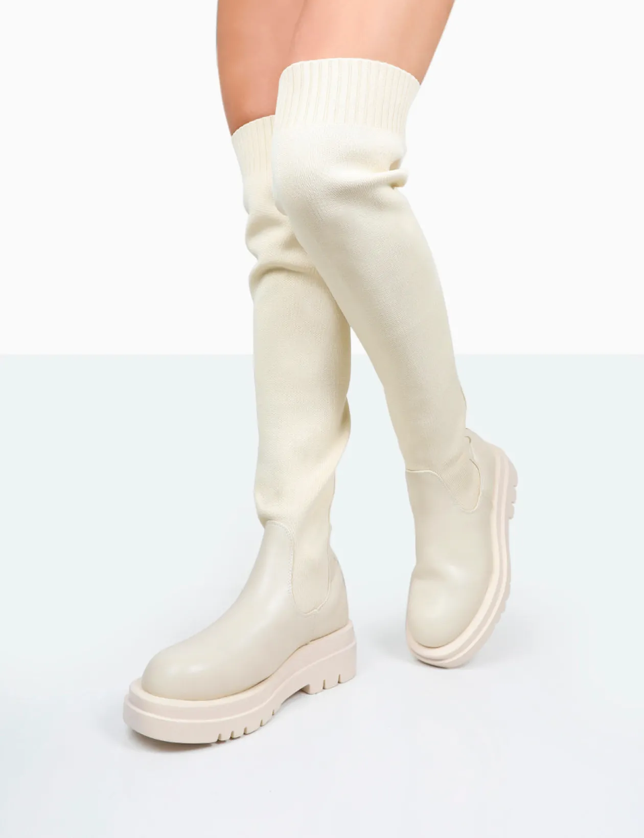 Public Desire New-Me Pu And Knit Over The Knee Chunky Sole Sock Fit Boots | Women Over The Knee Boots