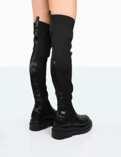Public Desire New-Me Pu And Knit Over The Knee Chunky Sole Sock Fit Boots | Women Chunky Boots