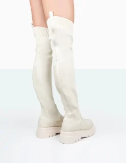 Public Desire New-Me Pu And Knit Over The Knee Chunky Sole Sock Fit Boots | Women Over The Knee Boots