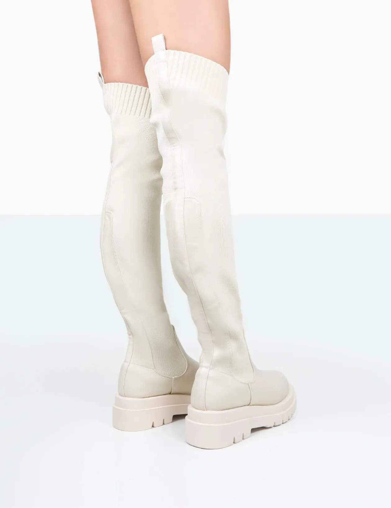 Public Desire New-Me Pu And Knit Over The Knee Chunky Sole Sock Fit Boots | Women Over The Knee Boots