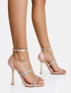 Public Desire Niko Satin Diamante Barely There Square Toe Stiletto Heels | Women Stilettos