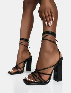 Public Desire Nyla Patent Strappy Lace Up Square Toe Block Heels | Women Square Toe Heels
